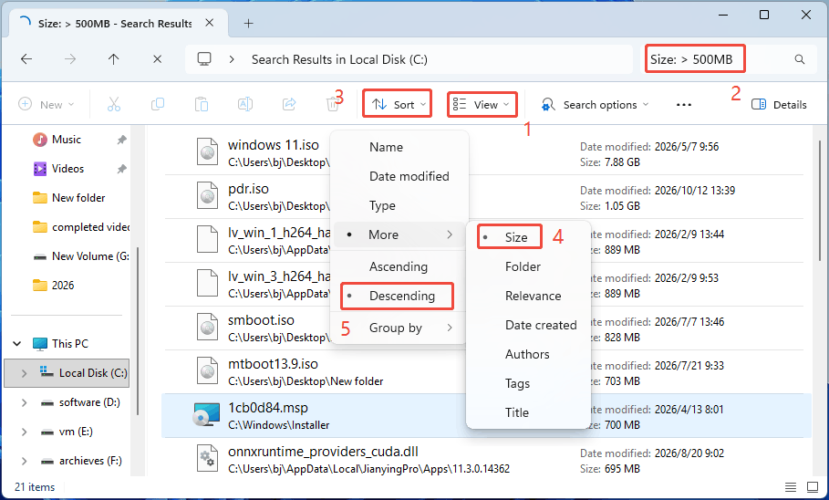 Windows File Explorer interface showing listed files larger than 500MB in descending order of file size.