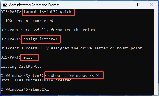 Command Prompt window with the commands to format the EFI partition and write boot data to it. 