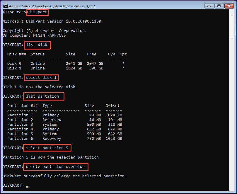 Command Prompt window in WinPE showing commands to delete a system partition.