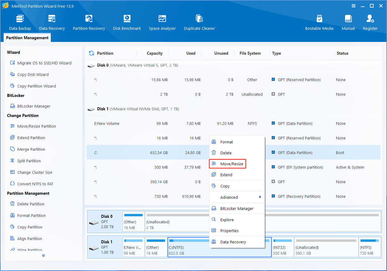 MiniTool Partition Wizard interface with the selected Move or Resize feature.
