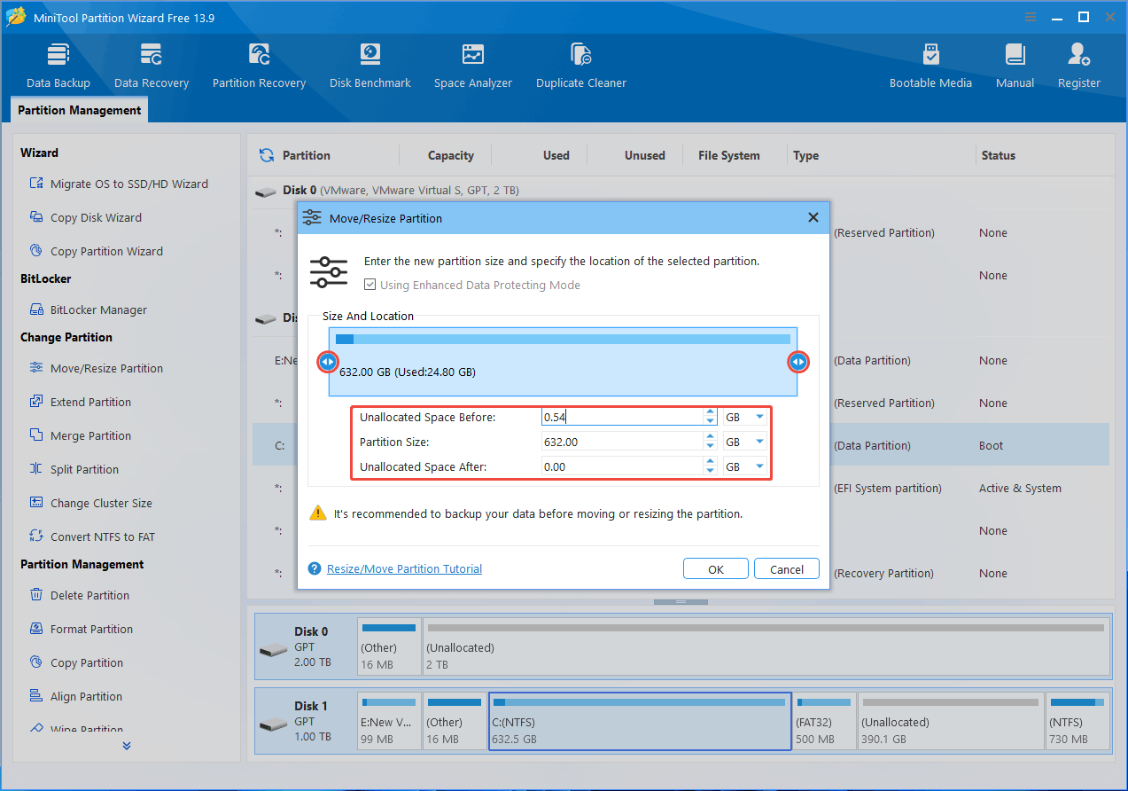 MiniTool Partition Wizard interface with the Move or Resize Partition window.