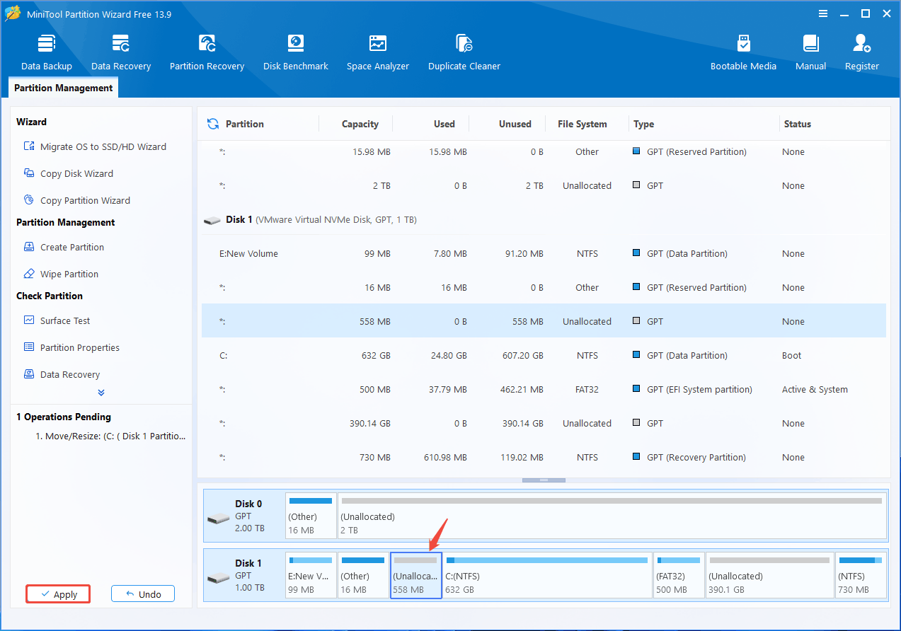 MiniTool Partition Wizard interface with the selected Apply button.