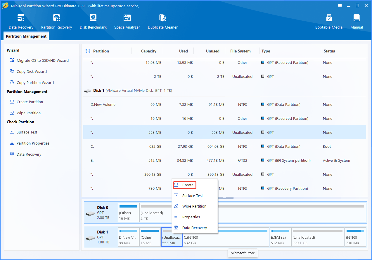 MiniTool Partition Wizard interface with the selected Create option.