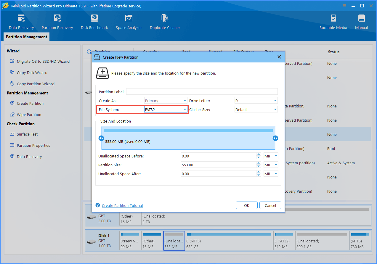 MiniTool Partition Wizard interface with the Create New Partition window showing the selected FAT32 file system.