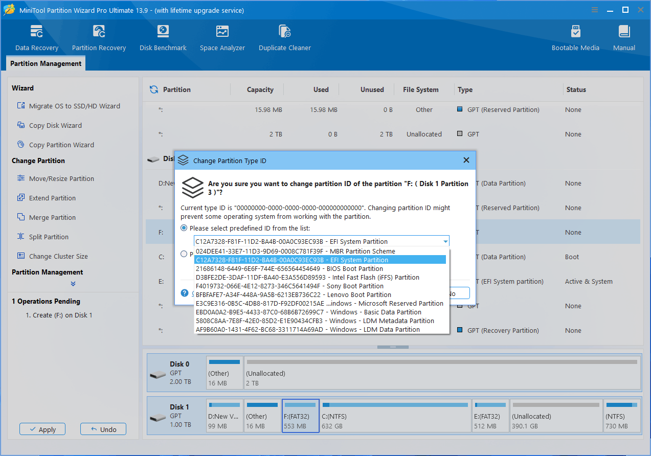 MiniTool Partition Wizard interface with the Change Partition Type ID window showing the selected EFI System Partition option.