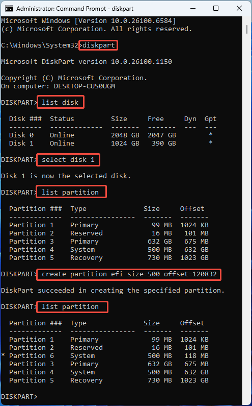 Command Prompt window with the commands to create an EFI partition.