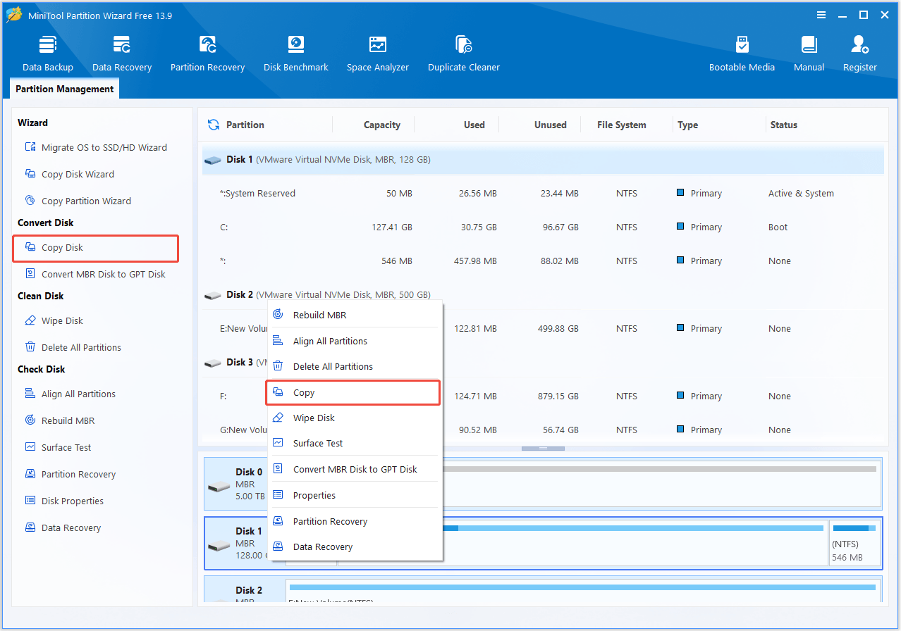 The interface of MiniTool Partition Wizard with selected Copy Disk and Copy.