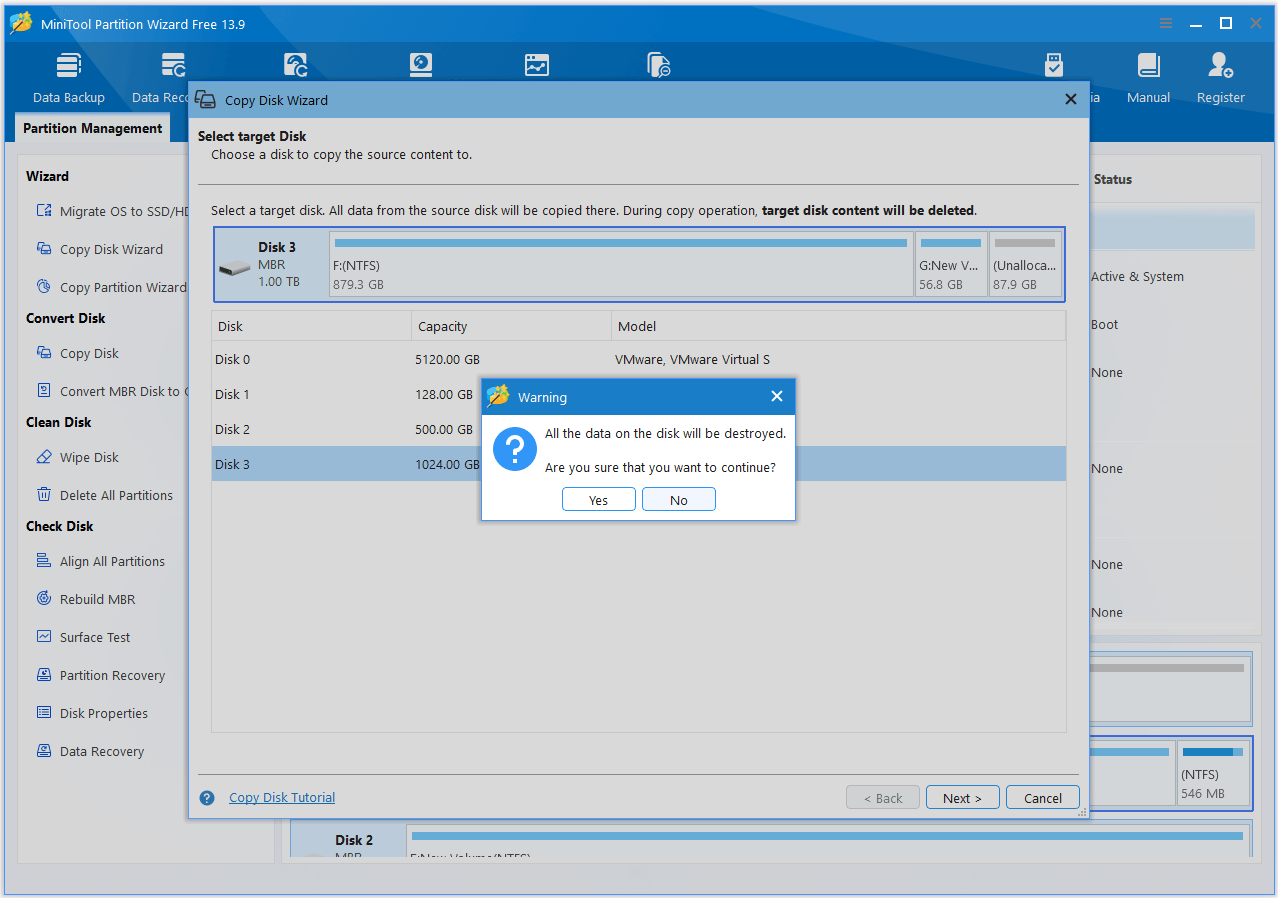 The interface of MiniTool Partition Wizard with a pop-up Warning dialog.