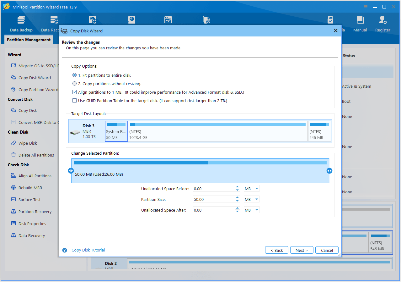The interface of MiniTool Partition Wizard shows Copy Options and Target Disk Layout.