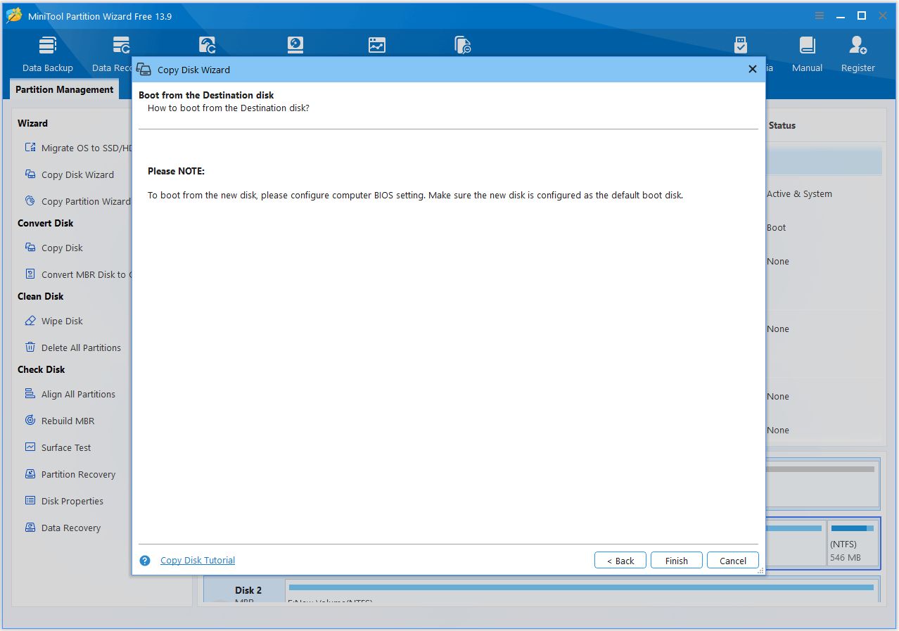The interface of MiniTool Partition Wizard with a Please NOTE.