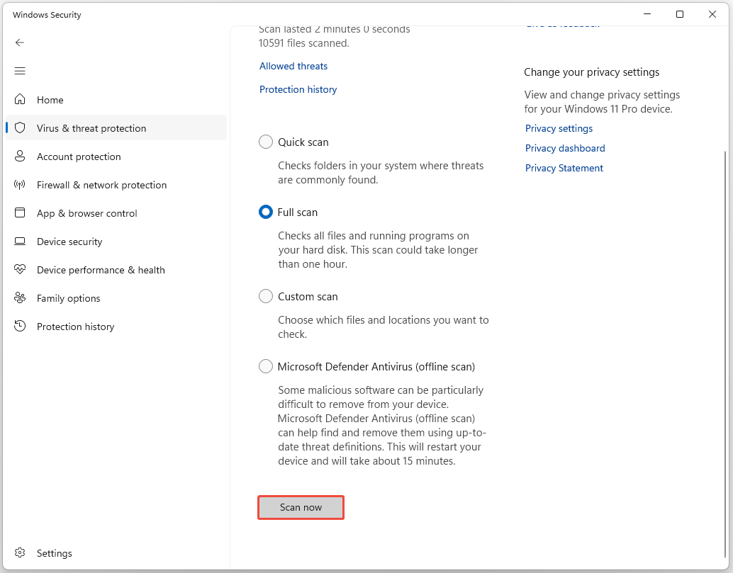 The interface of Windows Security with selected Scan now.