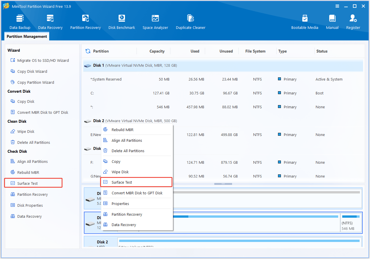 The interface of MiniTool Partition Wizard with selected Surface Test.