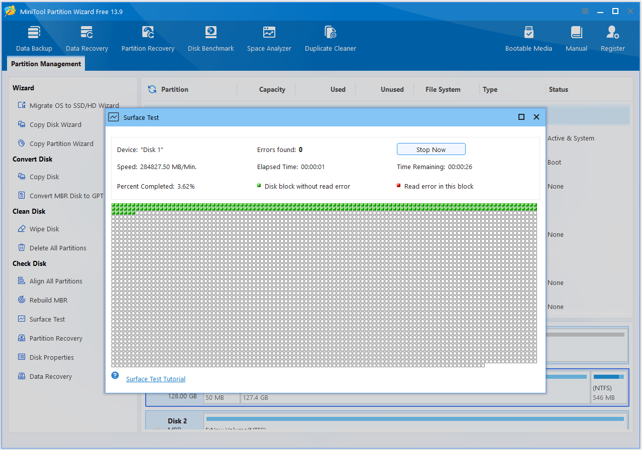 The interface of MiniTool Partition Wizard with the Surface Test feature running.