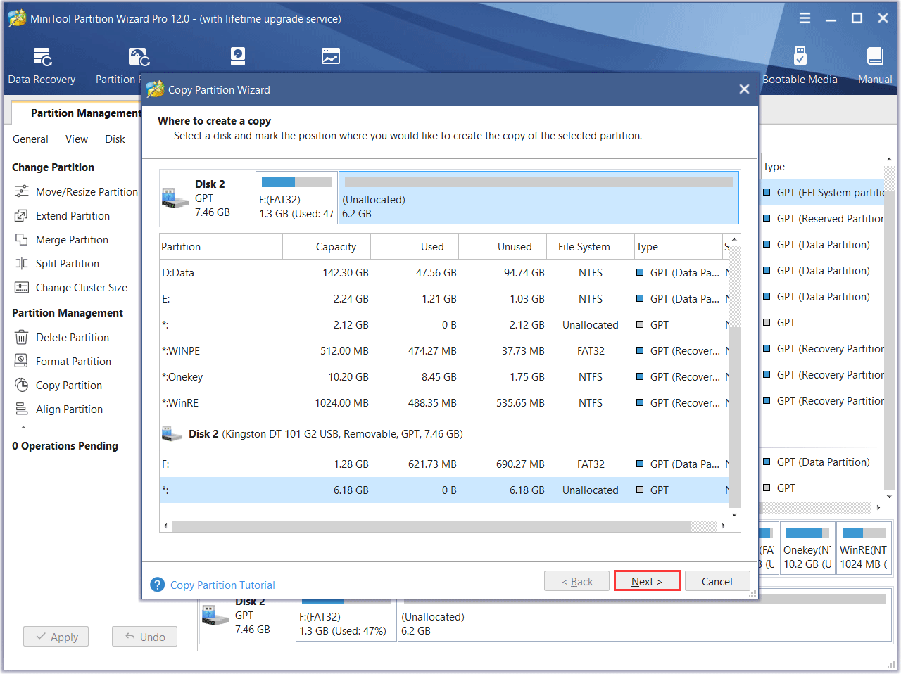 select an unallocated space to copy partition