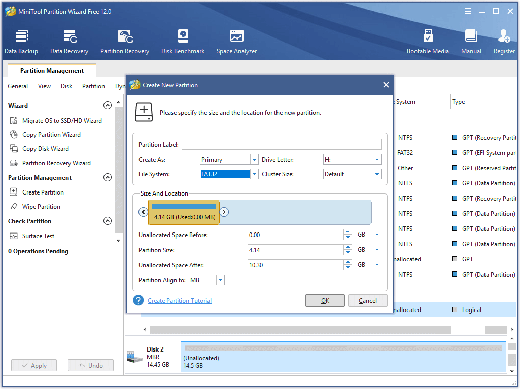Select the partition as primary and specify its file system and size