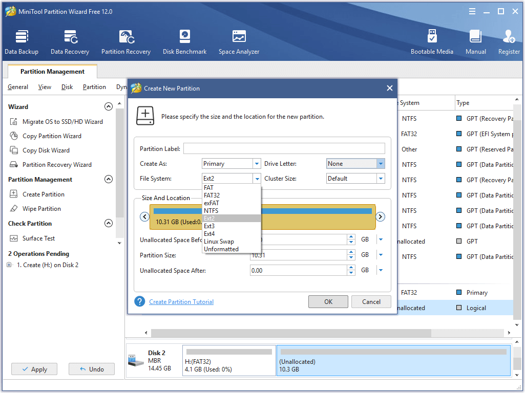 select the unallocated space to create an EXT primary partition