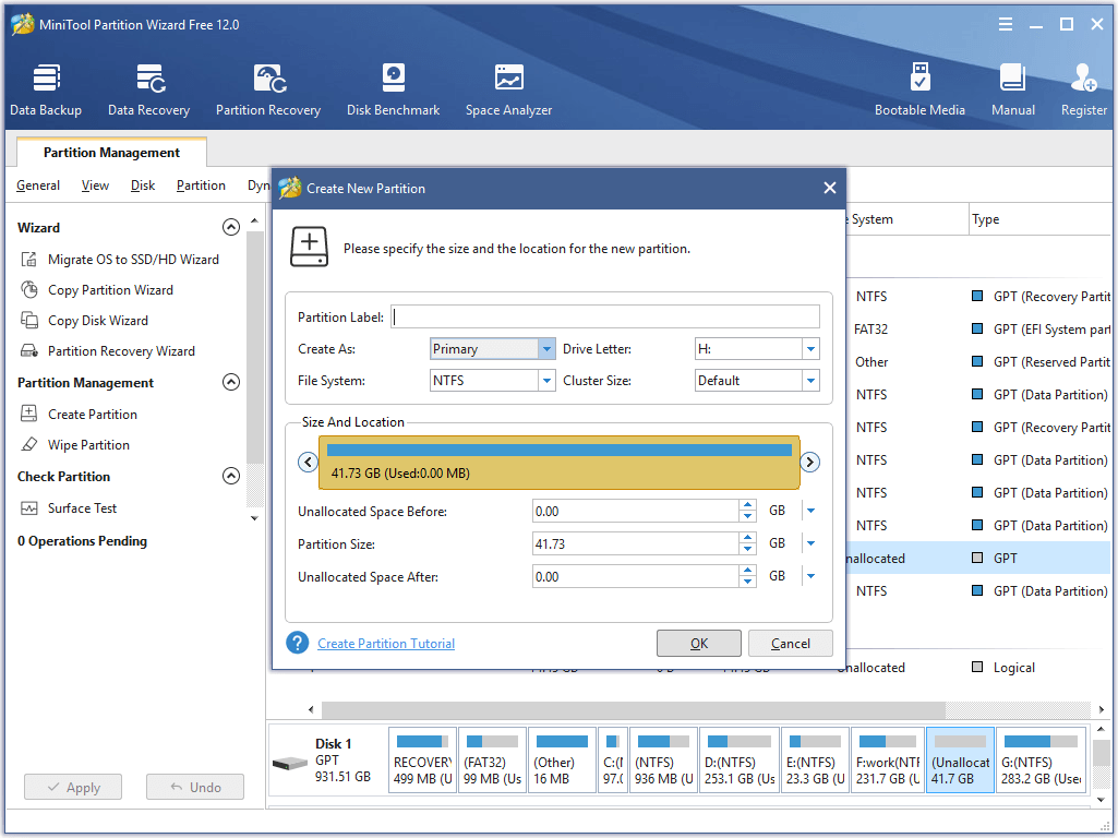 create new partition via MiniTool Partition Wizard