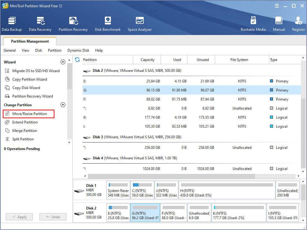 choose Move/Resize Partition to start