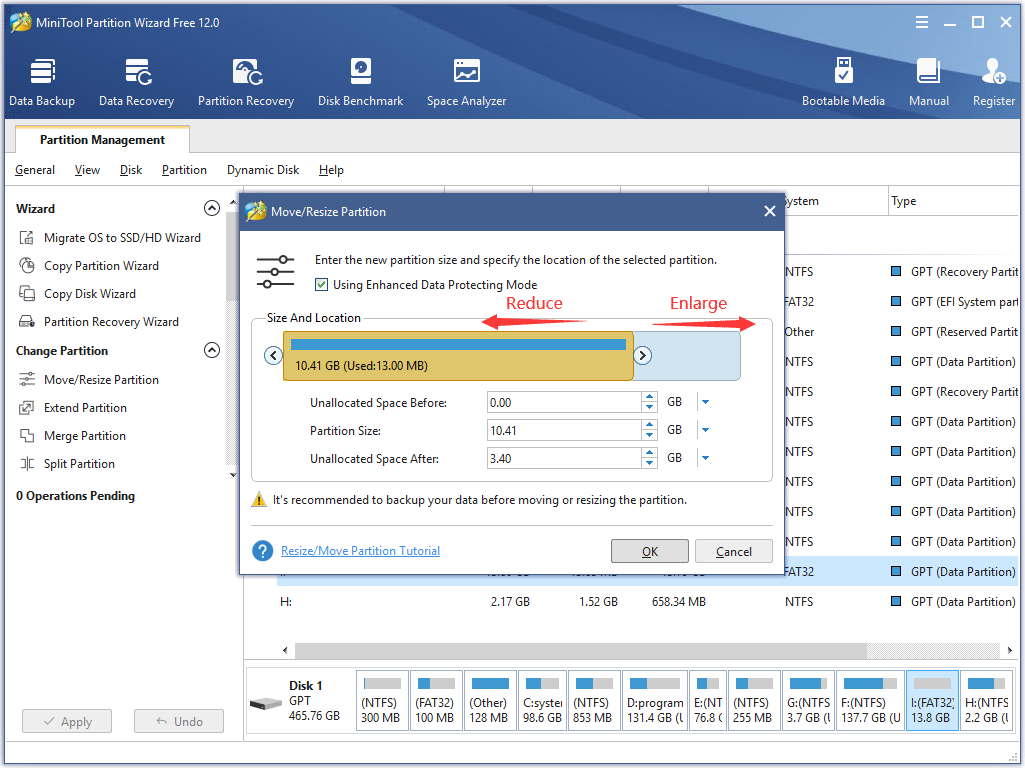 the interface to change the size of the partition