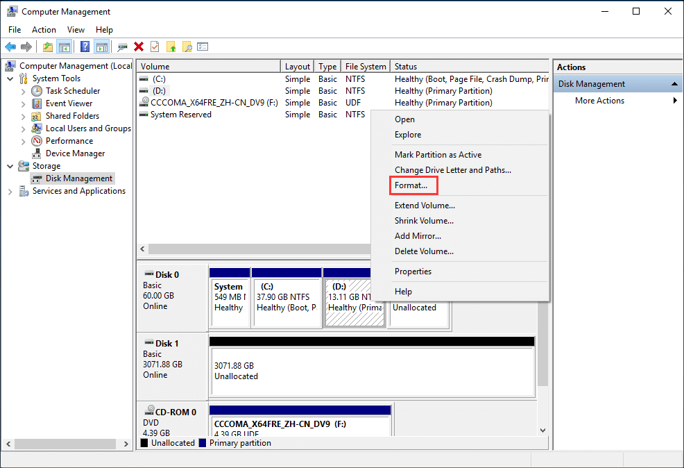 select a NTFS partition and choose Format