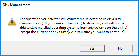 the operation will convert the selected disk(s) to dynamic disk(s)