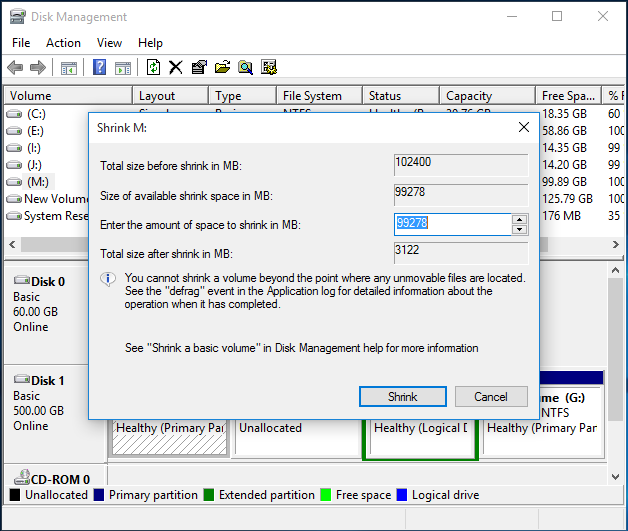 shrink volume with a specific size in Disk Management