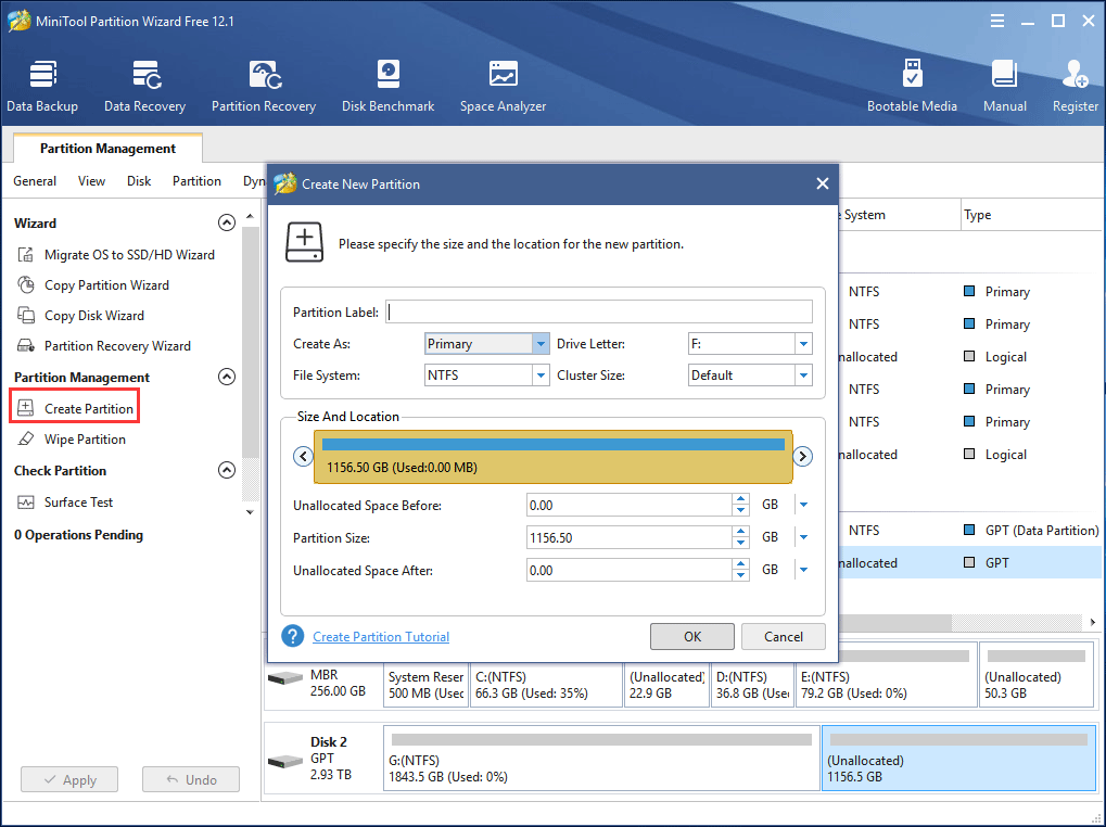 create partition on unallocated space
