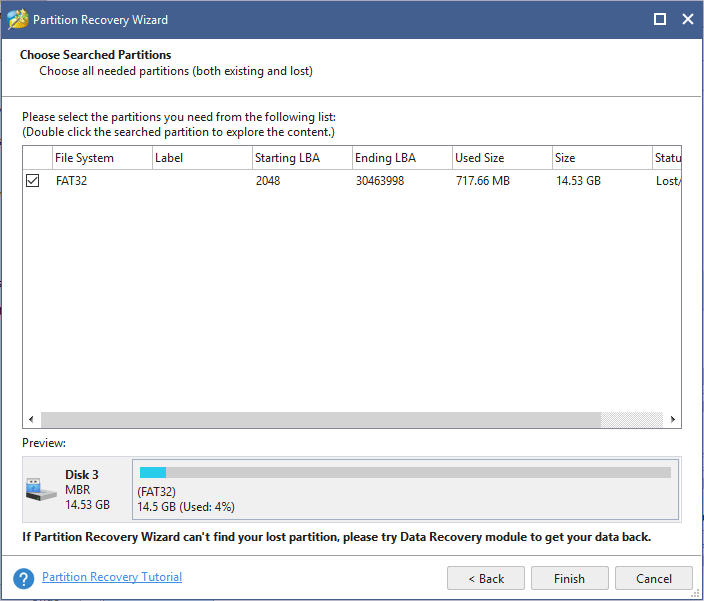 choose searched partitions on SD card to restore