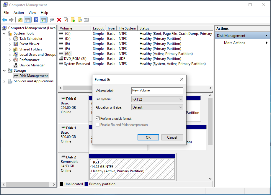format USB drive in Disk Management