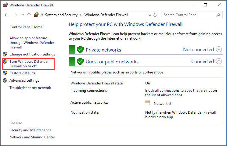 turn Windows Defender Firewall on or off