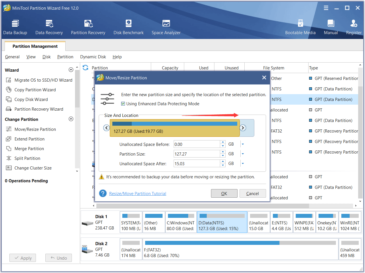 drag the slider to increase partition size