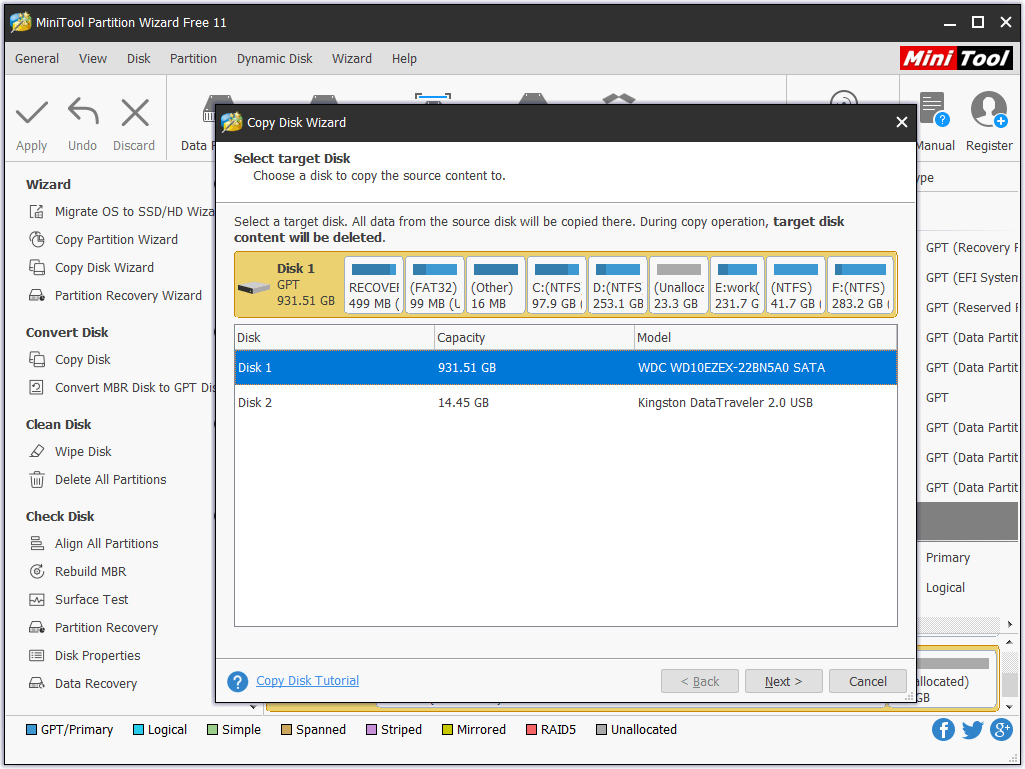 select the disk to backup all data