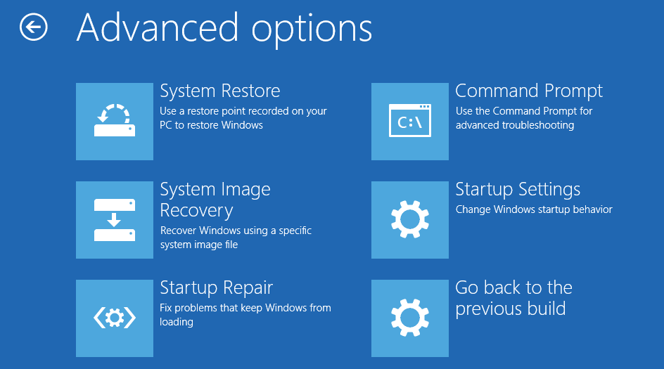 Windows 10 Advanced options interface