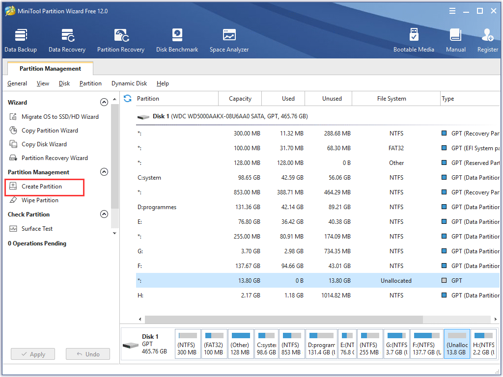 click create partition in MiniTool Partition Wizard