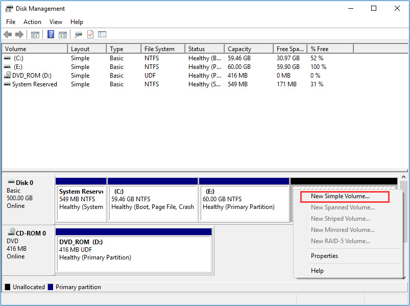select the unallocated space in Disk Managment