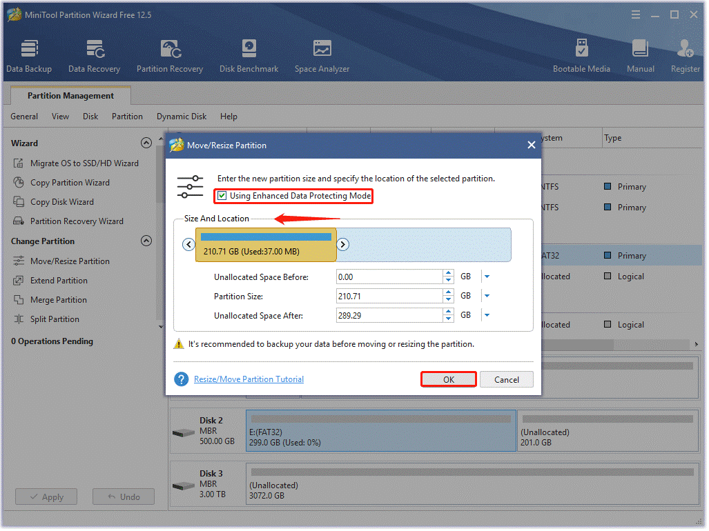 shrink the partition on MiniTool Partition Wizard