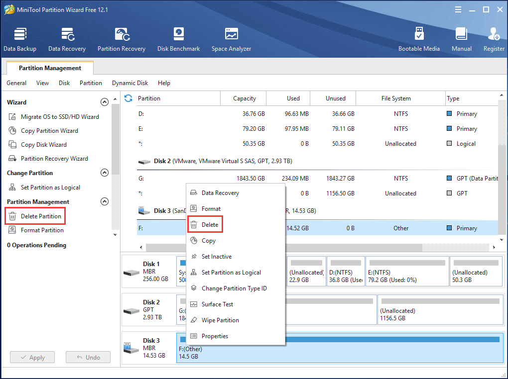 delete partition with MiniTool Partition Wizard