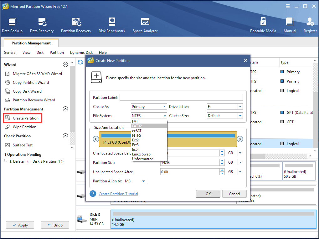 specify partition size and location for the new partition