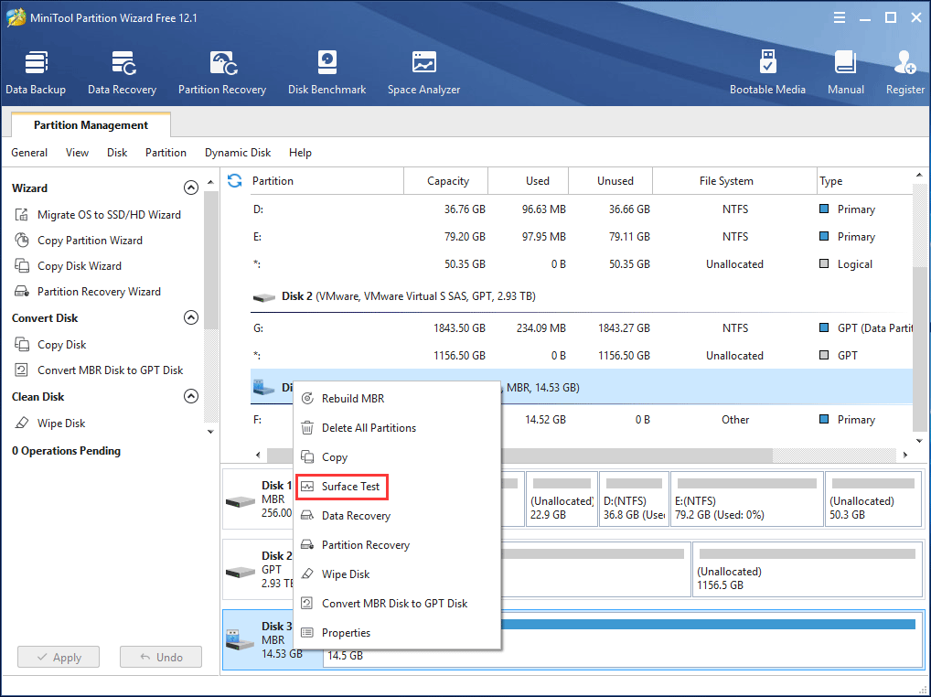 MiniTool Partition Wizard Surface Test 