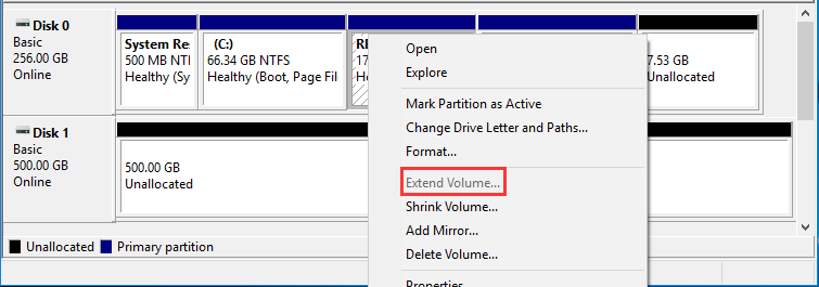 extend volume grayed out