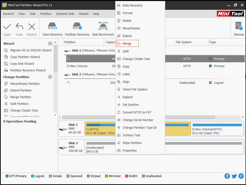 select the system partition and choose Merge to continue