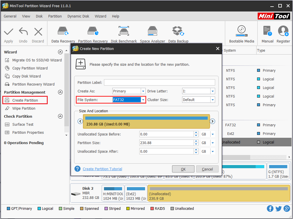 create an FAT32 partition larger than 32GB