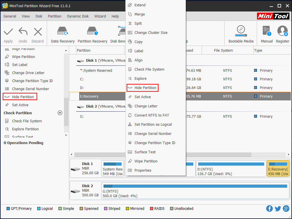  hide partition with MiniTool Partition Wizard