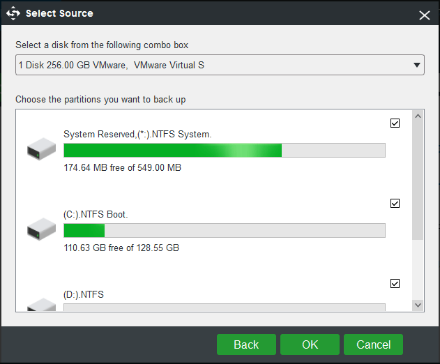 select all system disk partitions to back up