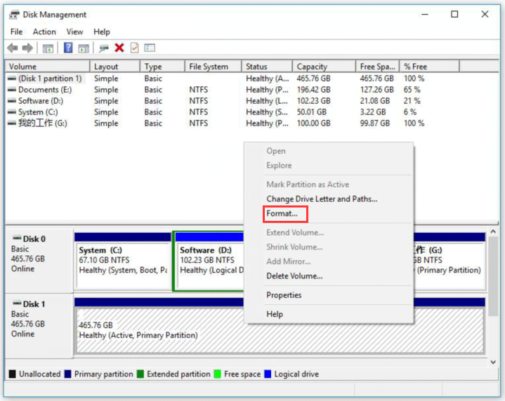 select the partitions on this hard drive and click Format.