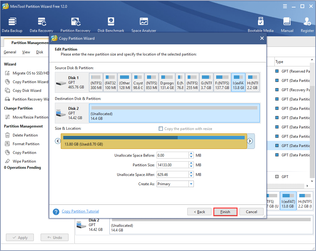 enter the new partition size and specify the location