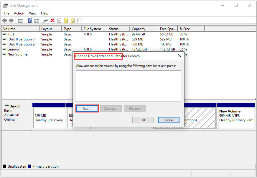 add drive letter in Disk Management