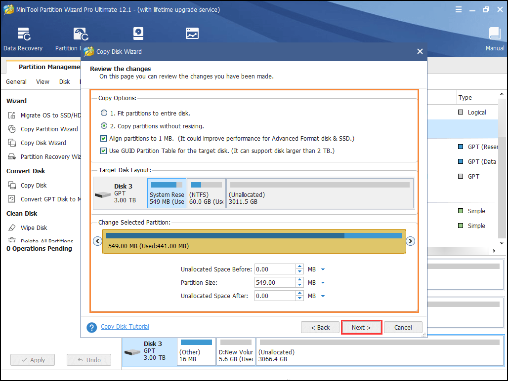 edit the new created partitions on the target disk