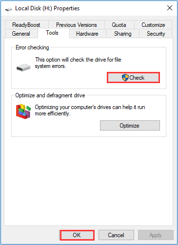 click Check button to check and fix hard drive error