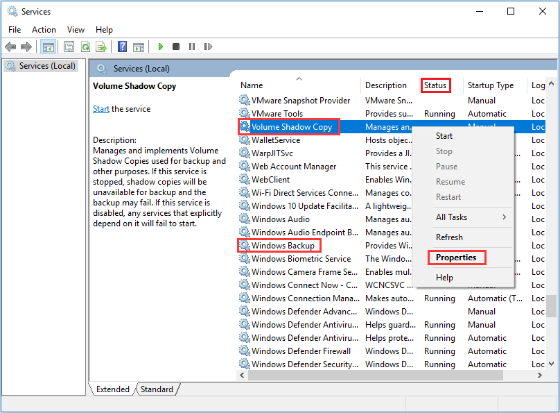 right click Volume Shadow Copy service in Services window
